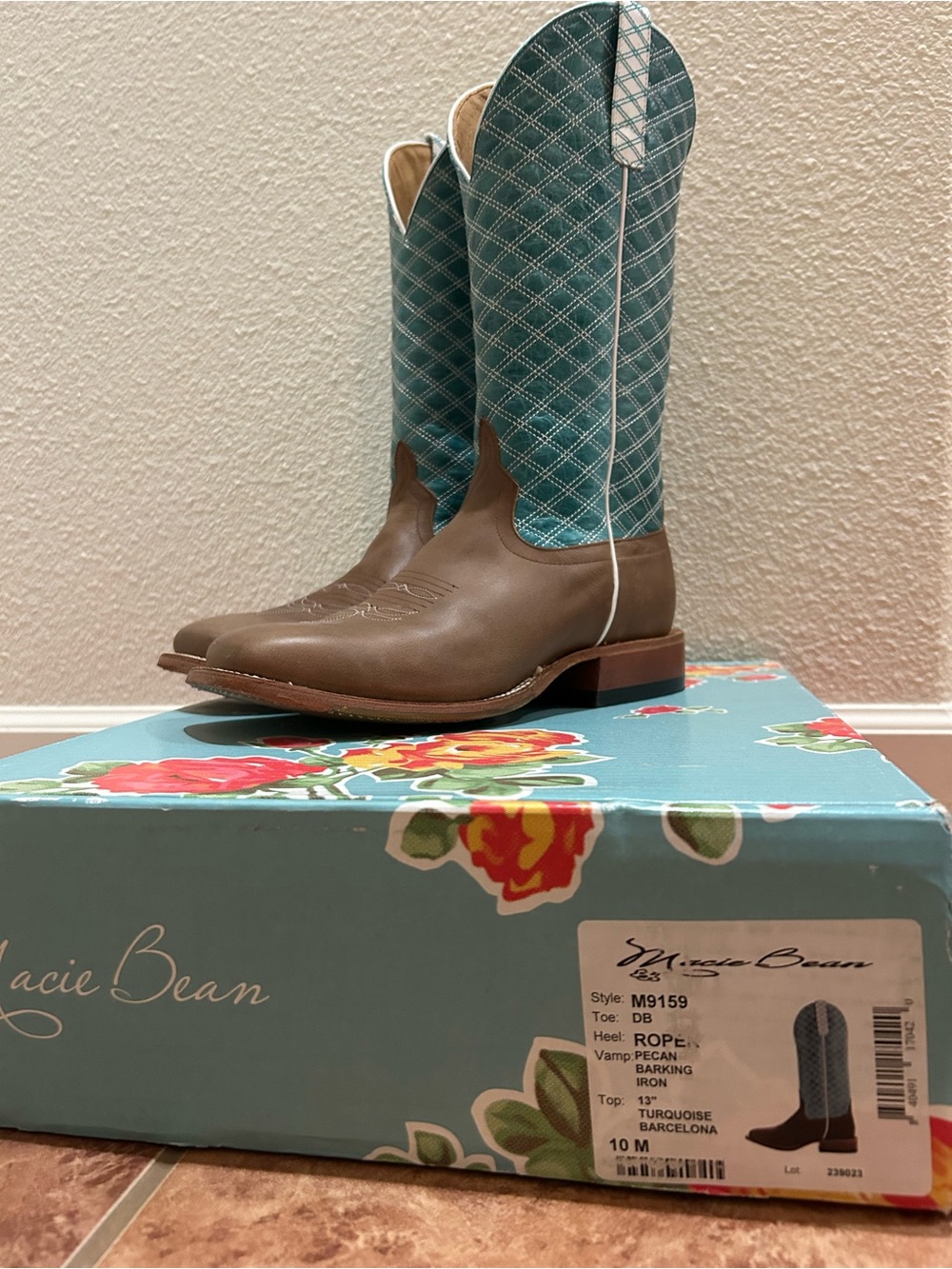 Macie Bean Brown Leather Western Boots with Turquoise Quilted Shaft
